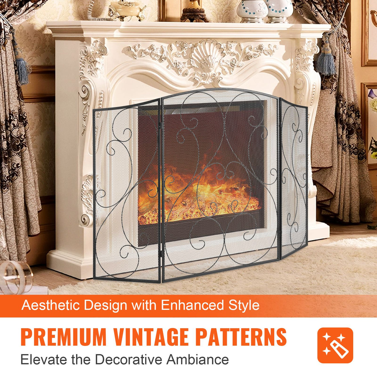 Fireplace Screen 3 Panel, Sturdy Iron Mesh Fireplace Screen, 48"(L) x30.2"(H) Spark Guard Cover, No Assembly Required, Free
