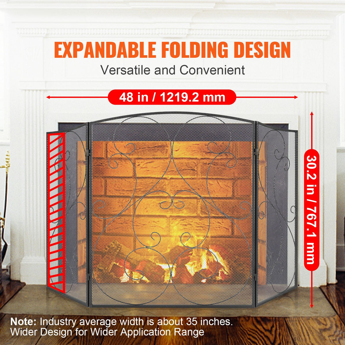 Fireplace Screen 3 Panel, Sturdy Iron Mesh Fireplace Screen, 48"(L) x30.2"(H) Spark Guard Cover, No Assembly Required, Free