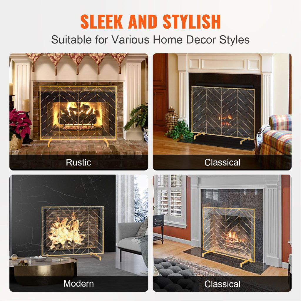Fireplace Screen Single Panel, Sturdy Iron Mesh Fireplace Screen, 38.6"(L) x29.8"(H) Spark Guard Cover, Simple Installation, Free Standing Fire Fence Grate for Living Room Home Decor Modern