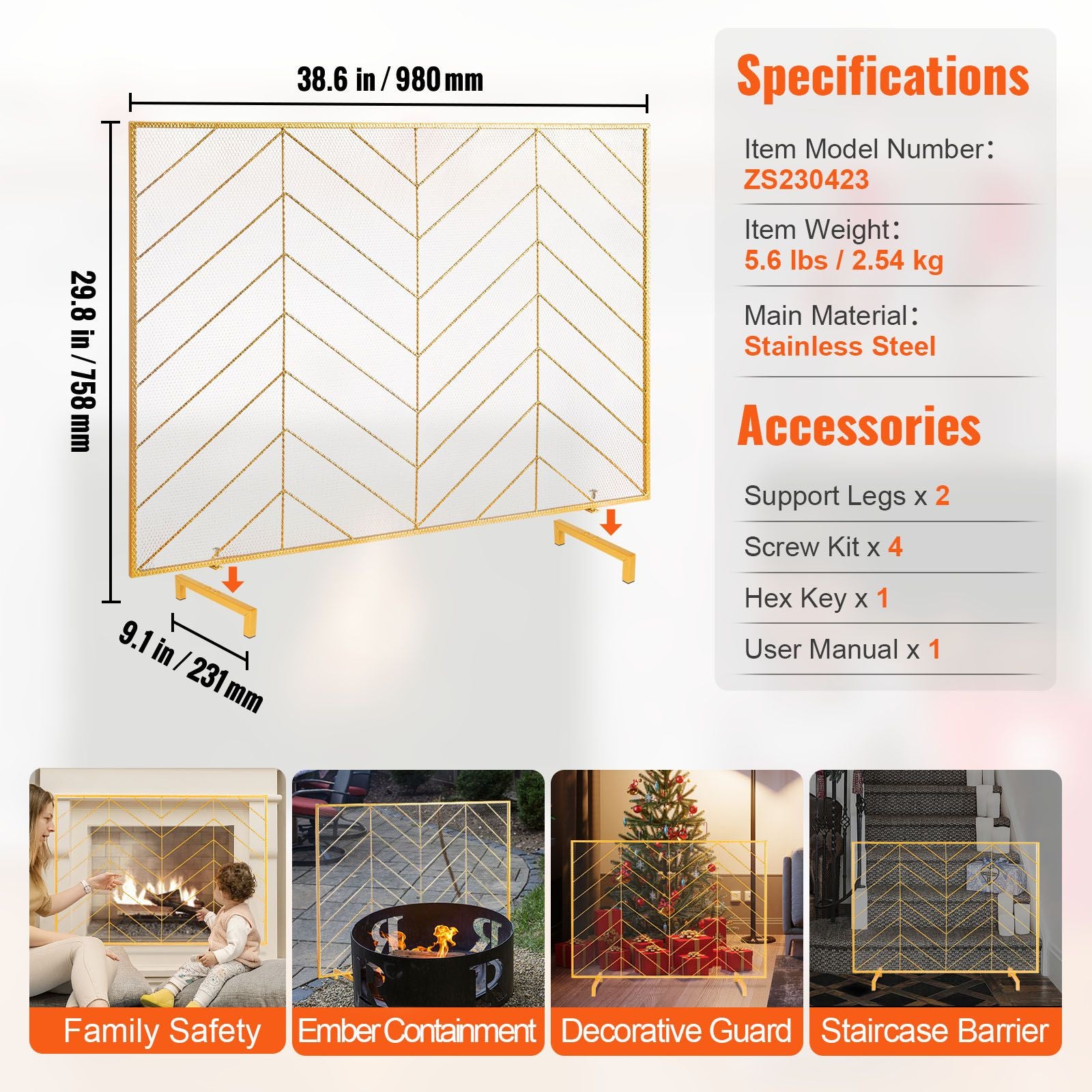 Fireplace Screen Single Panel, Sturdy Iron Mesh Fireplace Screen, 38.6"(L) x29.8"(H) Spark Guard Cover, Simple Installation, Free Standing Fire Fence Grate for Living Room Home Decor Modern