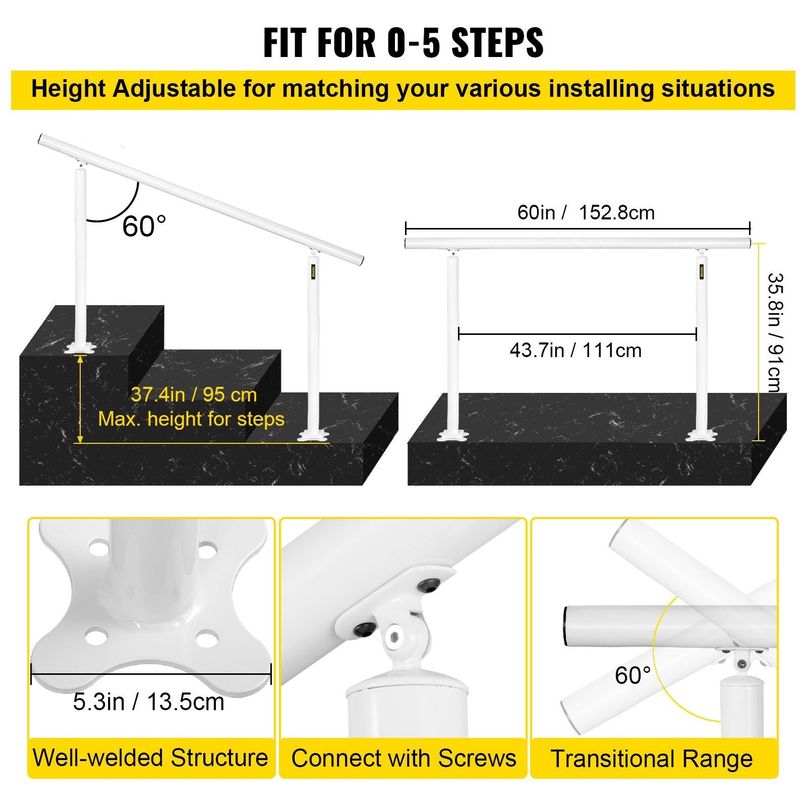 Outdoor Stair Railing Kit, 5 FT Handrails 0-5 Steps, Adjustable Angle White Aluminum Stair Hand Rail for The Elderly, Handrails for Outdoor Steps