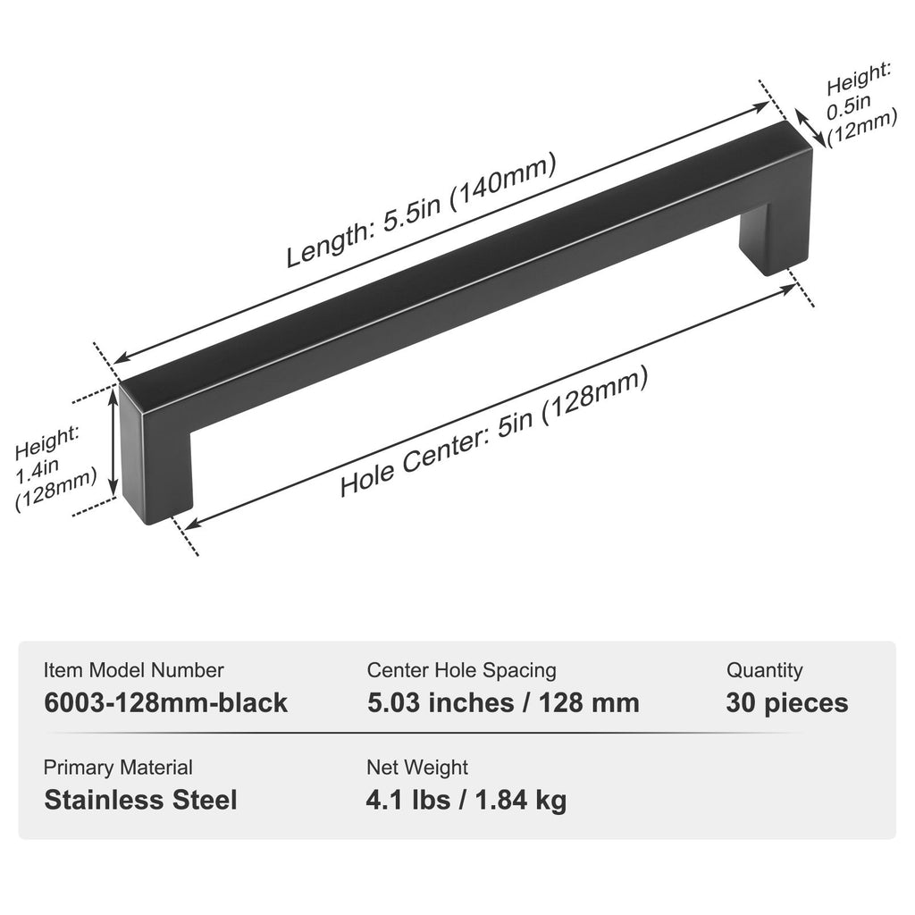 30 Pack Cabinet Pulls, 5.03in / 128mm Center to Center Slim Square Kitchen Cabinet Drawer, Stainless Steel Modern Kitchen Cupboard Door Handles for Kitchen Bathroom Bar Hardware Matte Black