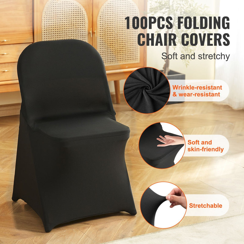 Stretch Spandex Folding Chair Covers, Universal Fitted Chair Cover, Removable Washable Protective Slipcovers, for Wedding, Holiday, Banquet, Party, Celebration, Dining (100PCS Black)