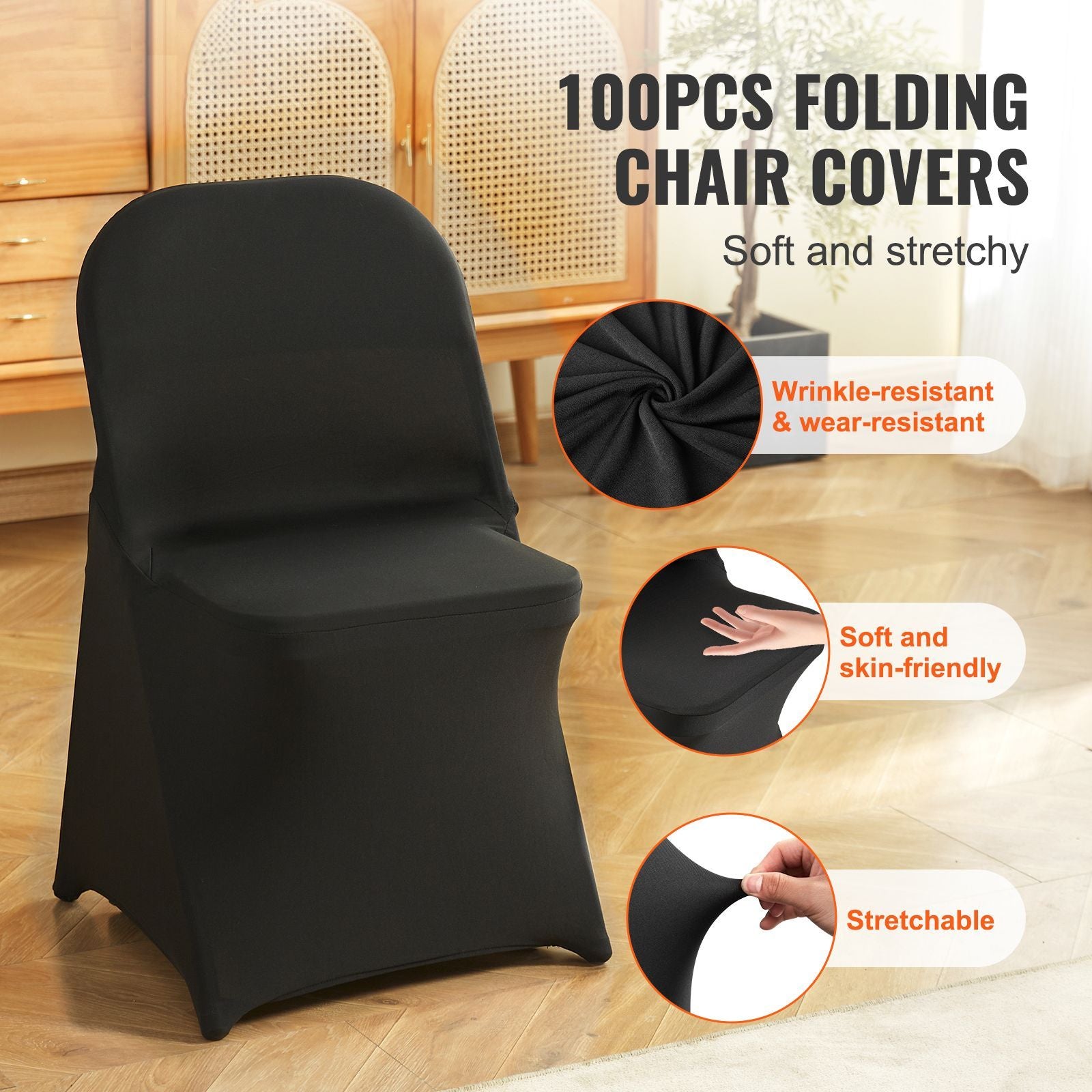 Stretch Spandex Folding Chair Covers, Universal Fitted Chair Cover, Removable Washable Protective Slipcovers, for Wedding, Holiday, Banquet, Party, Celebration, Dining (100PCS Black)