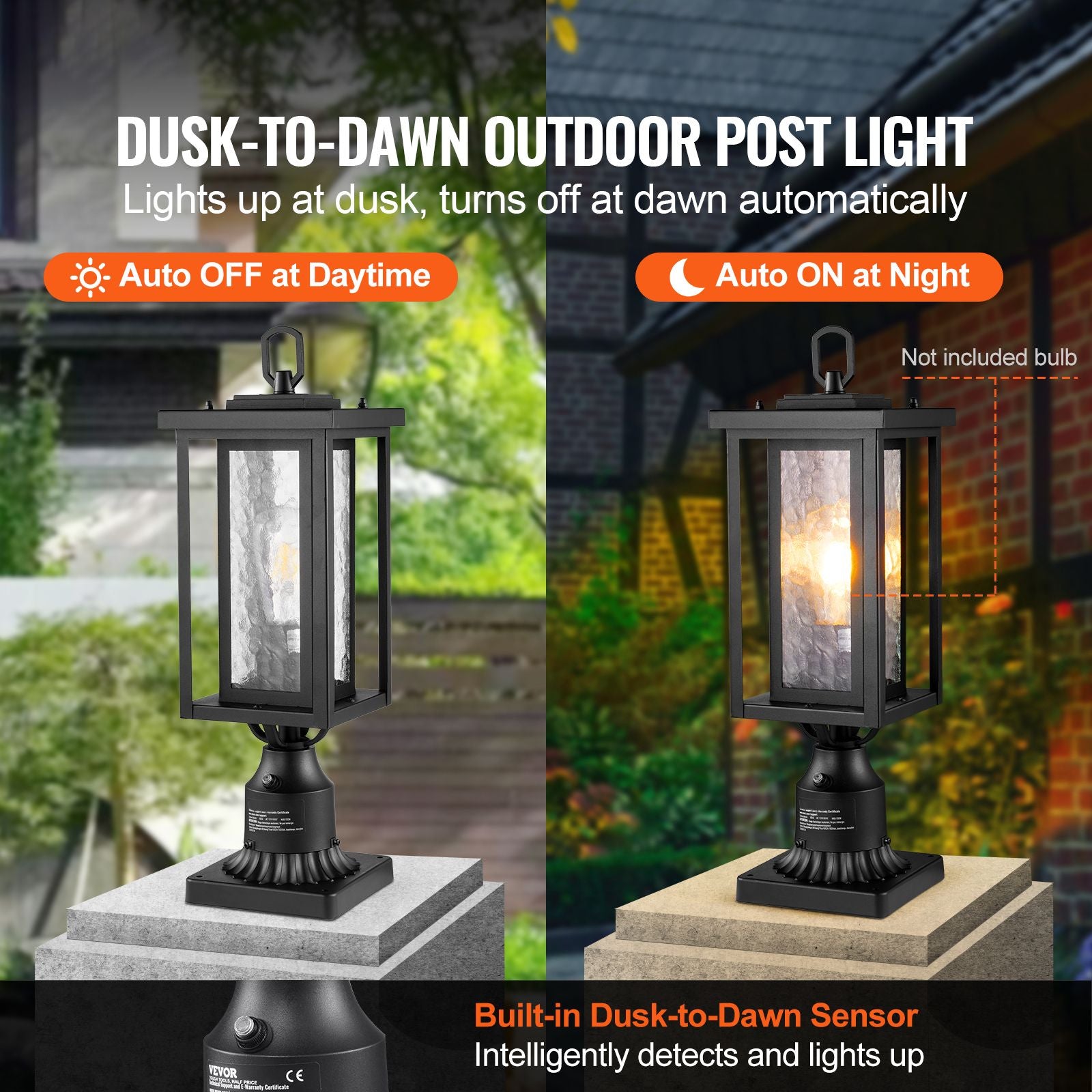 2 Pack Dusk to Dawn Outdoor Post Light, 17.72 in, Waterproof Lamp Post Light Fixtures with 3.5 in Pier Mount Base Glass Shade, Lightning-proof Exterior Pole Column Light for Patio Garden Pathway