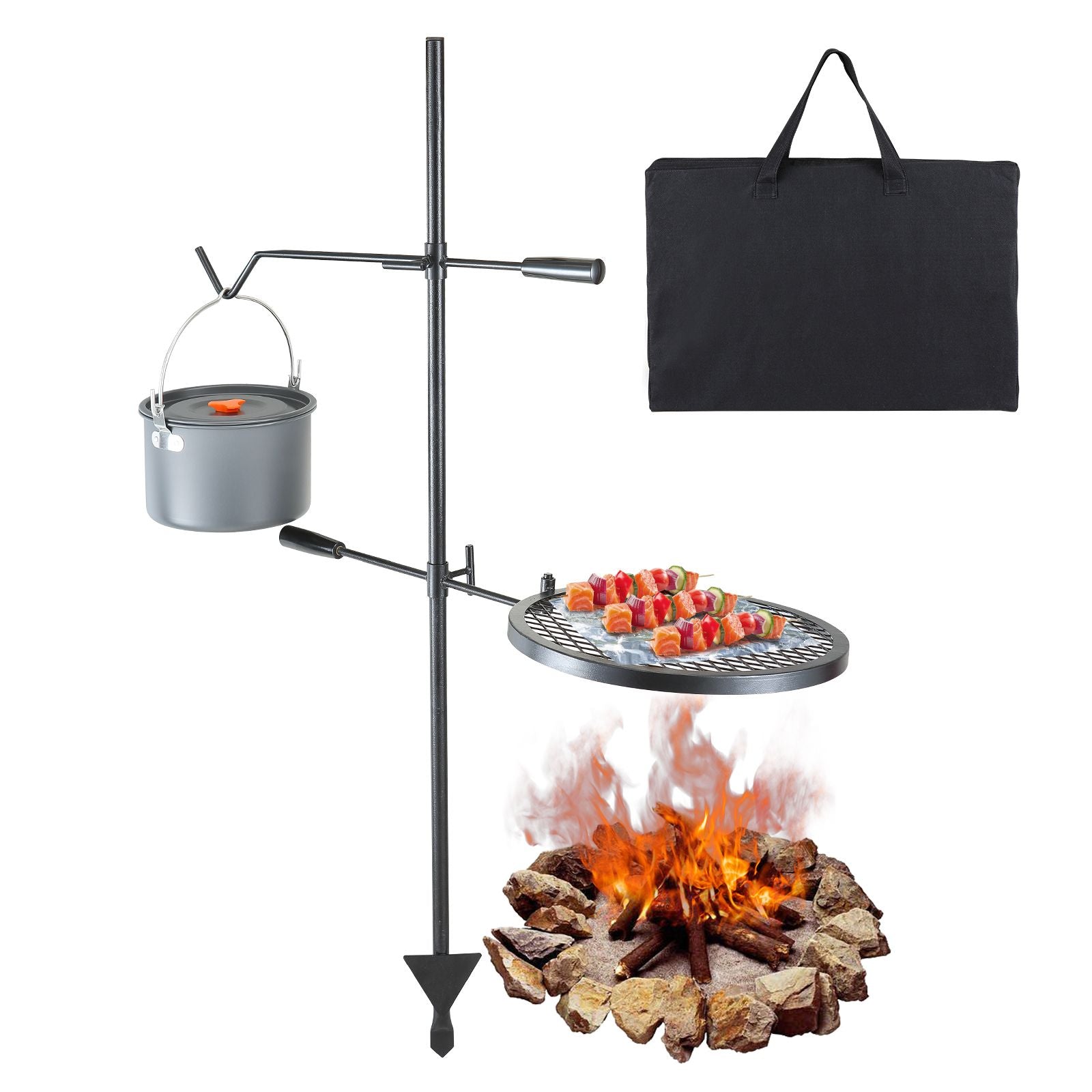 Swivel Campfire Grill, Fire Pit Grill Grate over Fire Pits, Heavy Duty Steel Grill Grates, 360° Adjustable Open Fire Outdoor Cooking Equipment, Portable Camp Fire Racks for Camping Outdoor BBQ
