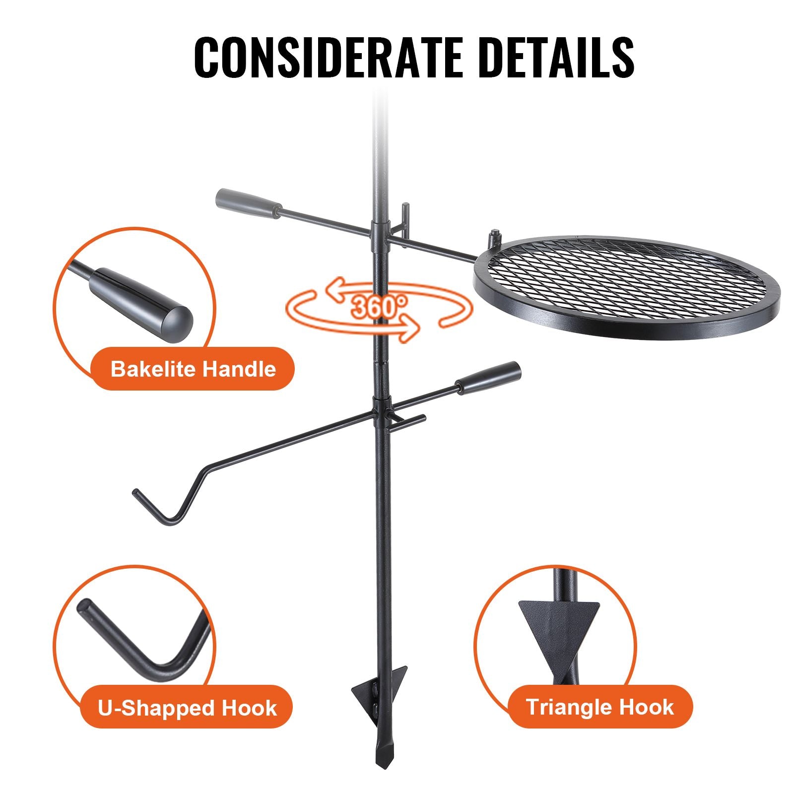 Swivel Campfire Grill, Fire Pit Grill Grate over Fire Pits, Heavy Duty Steel Grill Grates, 360° Adjustable Open Fire Outdoor Cooking Equipment, Portable Camp Fire Racks for Camping Outdoor BBQ