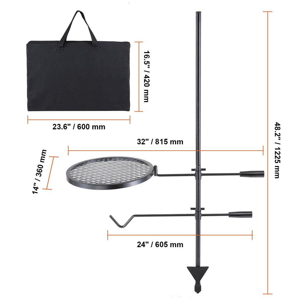 Swivel Campfire Grill, Fire Pit Grill Grate over Fire Pits, Heavy Duty Steel Grill Grates, 360° Adjustable Open Fire Outdoor Cooking Equipment, Portable Camp Fire Racks for Camping Outdoor BBQ