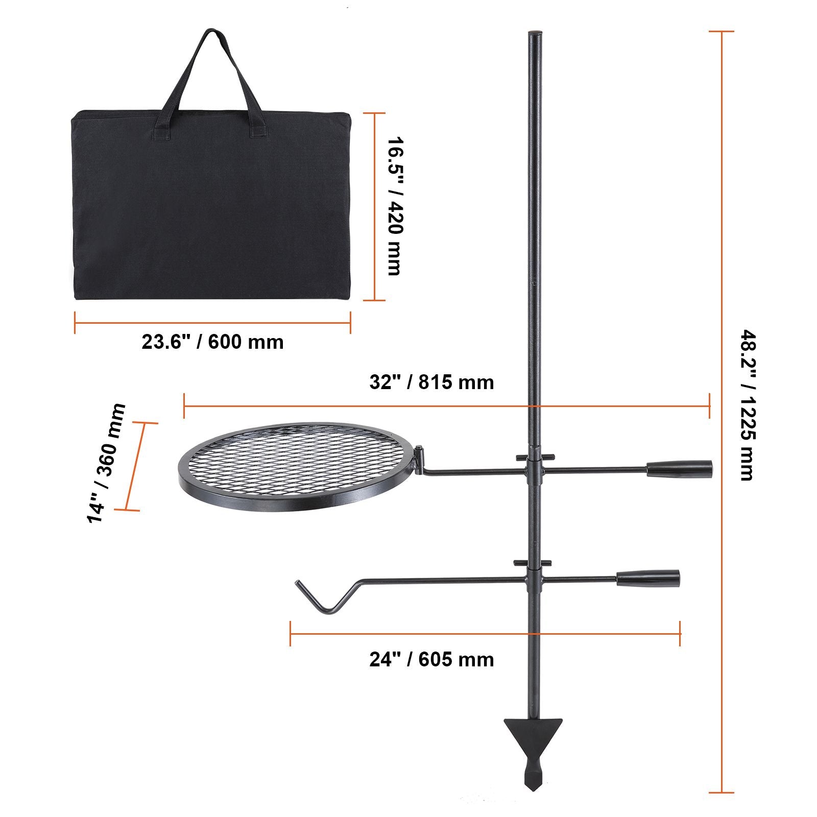 Swivel Campfire Grill, Fire Pit Grill Grate over Fire Pits, Heavy Duty Steel Grill Grates, 360° Adjustable Open Fire Outdoor Cooking Equipment, Portable Camp Fire Racks for Camping Outdoor BBQ