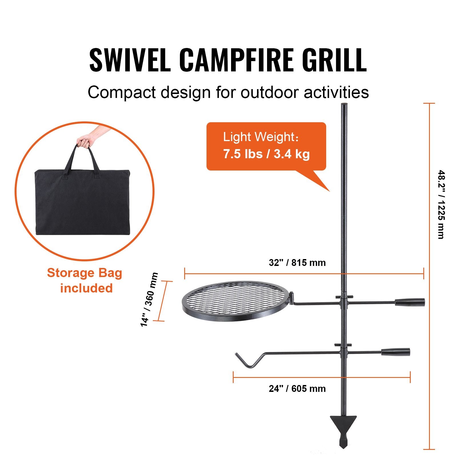 Swivel Campfire Grill, Fire Pit Grill Grate over Fire Pits, Heavy Duty Steel Grill Grates, 360° Adjustable Open Fire Outdoor Cooking Equipment, Portable Camp Fire Racks for Camping Outdoor BBQ