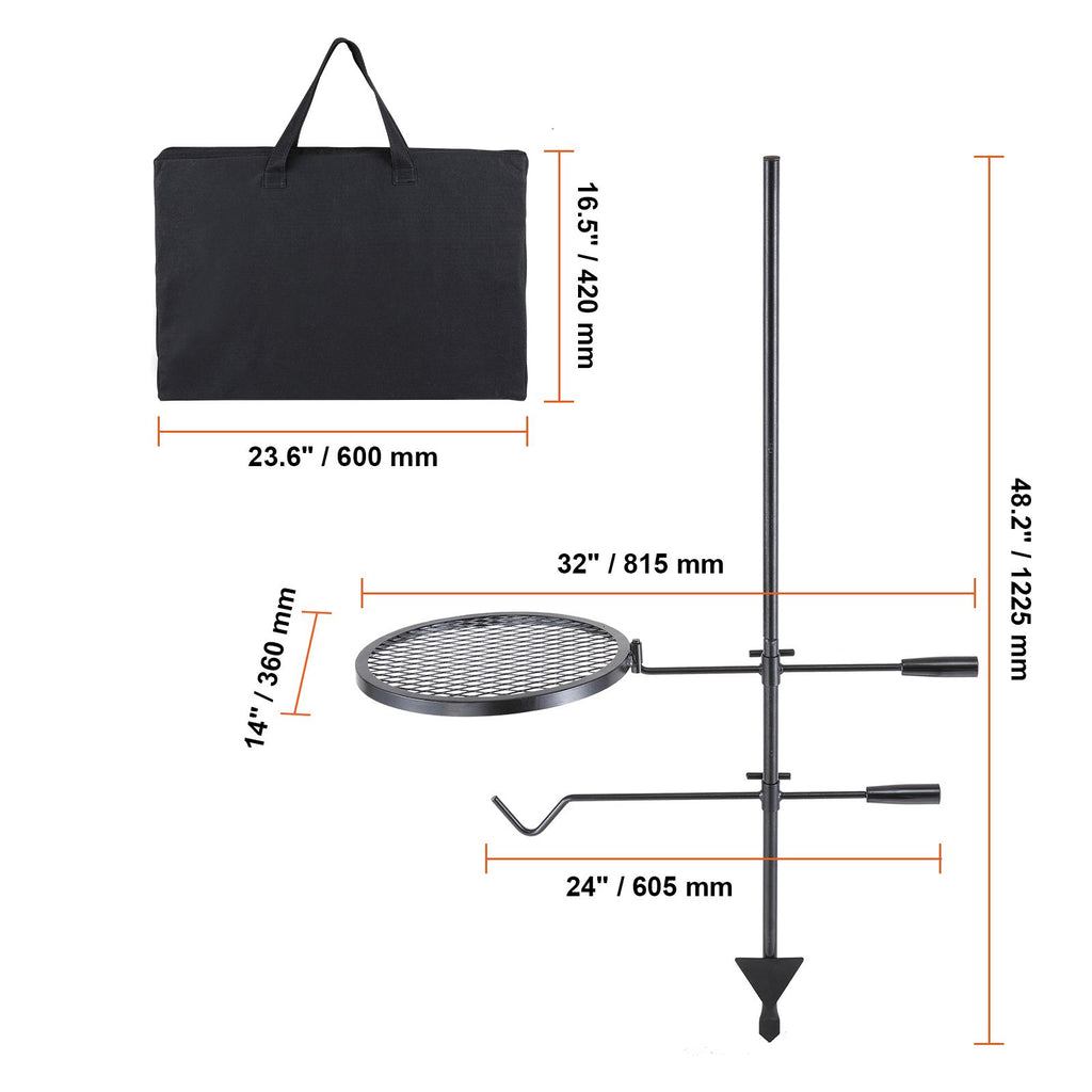 Swivel Campfire Grill, Fire Pit Grill Grate over Fire Pits, Heavy Duty Steel Grill Grates, 360° Adjustable Open Fire Outdoor Cooking Equipment, Portable Camp Fire Racks for Camping Outdoor BBQ