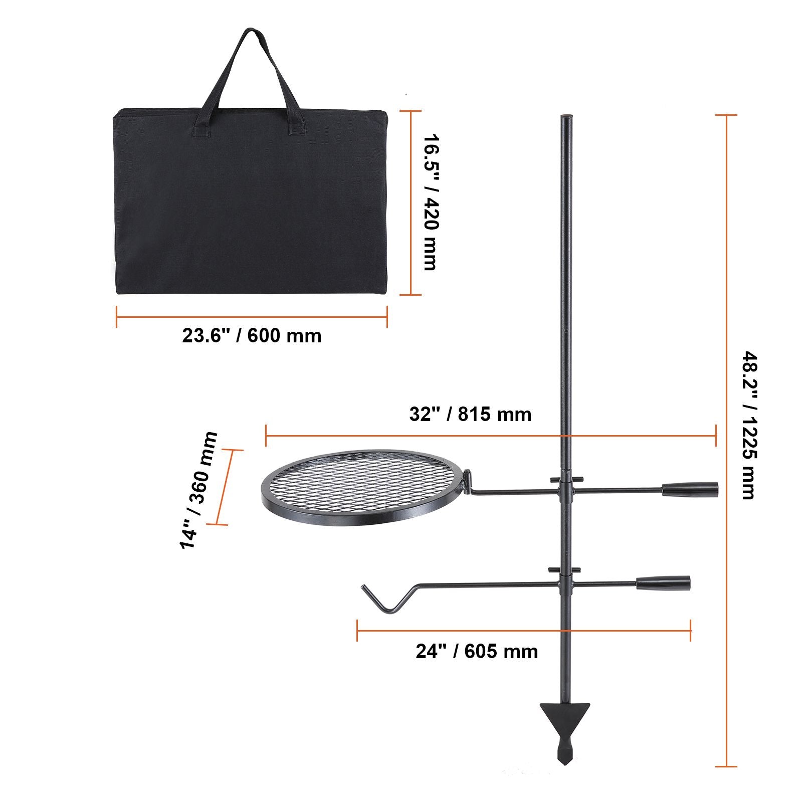 Swivel Campfire Grill, Fire Pit Grill Grate over Fire Pits, Heavy Duty Steel Grill Grates, 360° Adjustable Open Fire Outdoor Cooking Equipment, Portable Camp Fire Racks for Camping Outdoor BBQ