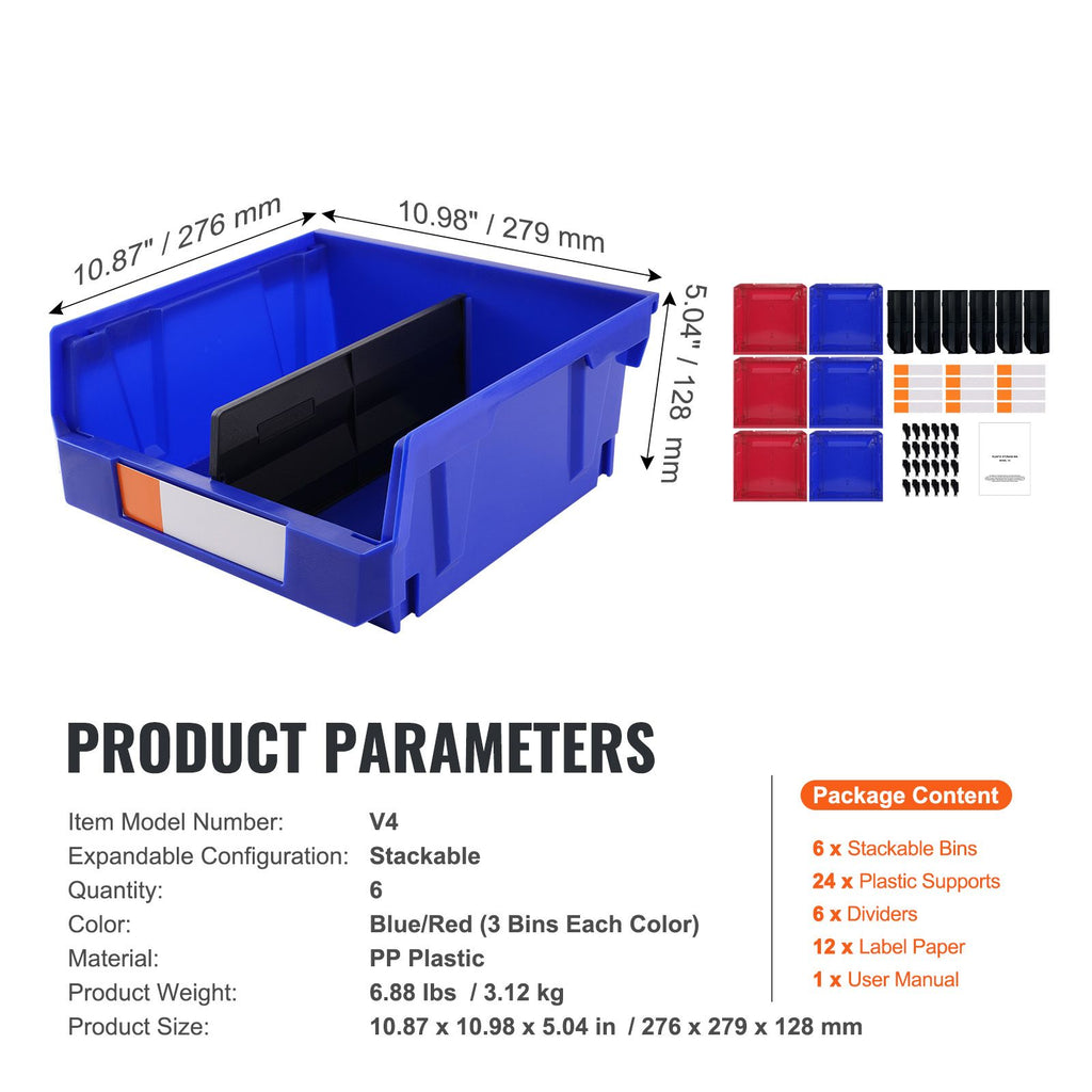 Plastic Storage Bin, (11-Inch x 11-Inch x 5-Inch), Hanging Stackable Storage Organizer Bin, Blue/Red, 6-Pack, Heavy Duty Stacking Containers for Closet, Kitchen, Office, or Pantry Organization