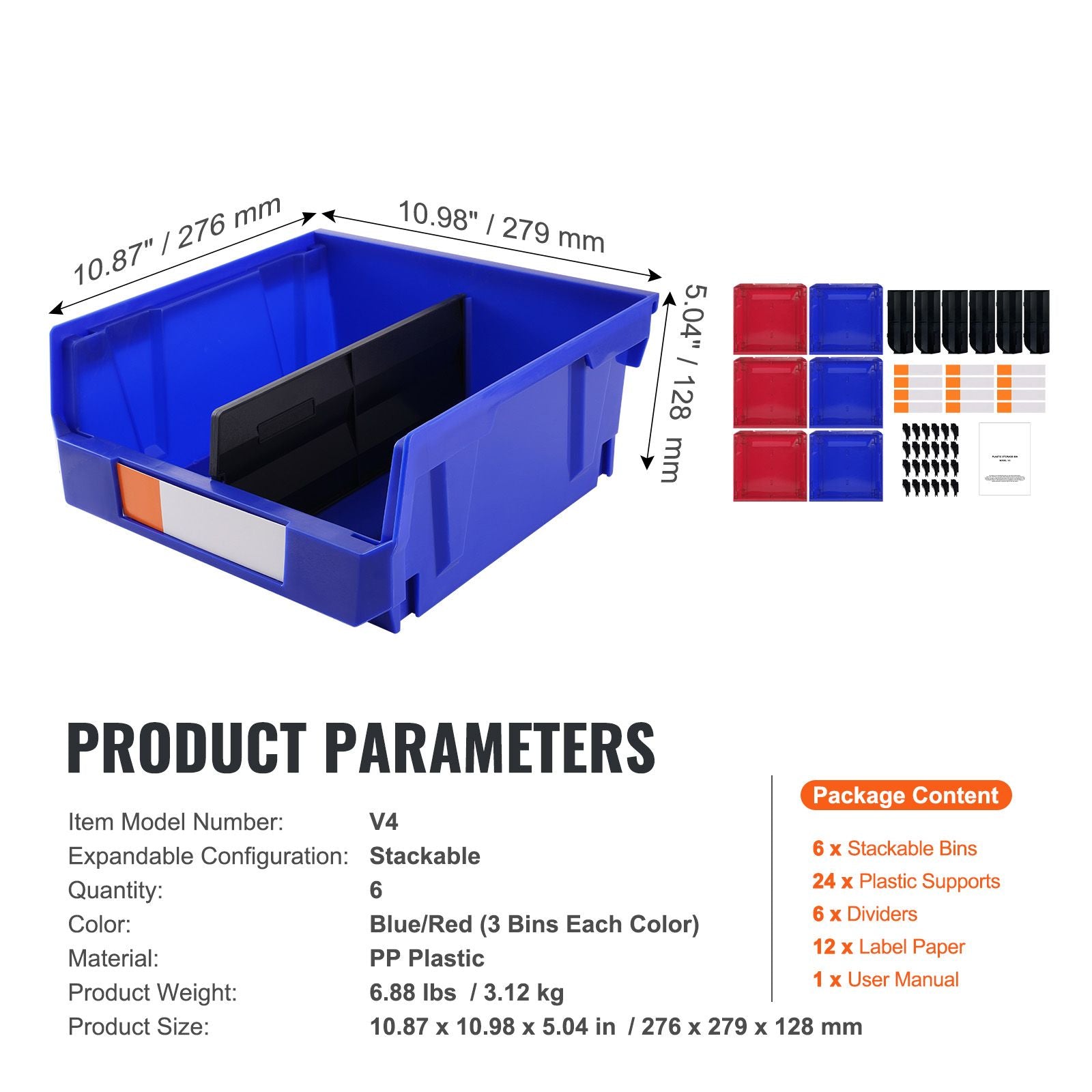 Plastic Storage Bin, (11-Inch x 11-Inch x 5-Inch), Hanging Stackable Storage Organizer Bin, Blue/Red, 6-Pack, Heavy Duty Stacking Containers for Closet, Kitchen, Office, or Pantry Organization