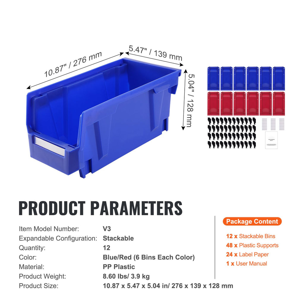 Plastic Storage Bin, (11-Inch x 5-Inch x 5-Inch), Hanging Stackable Storage Organizer Bin, Blue/Red, 12-Pack, Heavy Duty Stacking Containers for Closet, Kitchen, Office, or Pantry Organization