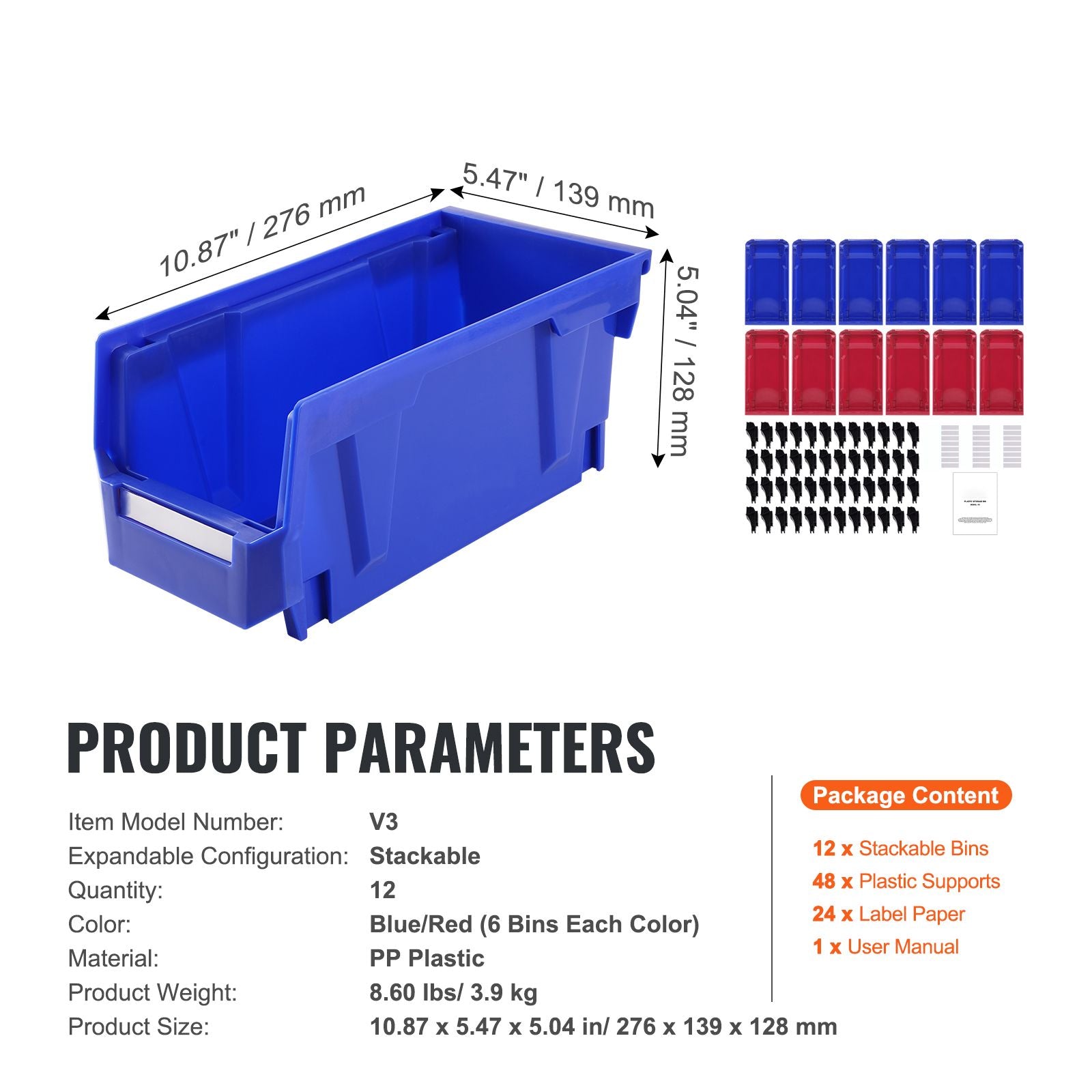 Plastic Storage Bin, (11-Inch x 5-Inch x 5-Inch), Hanging Stackable Storage Organizer Bin, Blue/Red, 12-Pack, Heavy Duty Stacking Containers for Closet, Kitchen, Office, or Pantry Organization