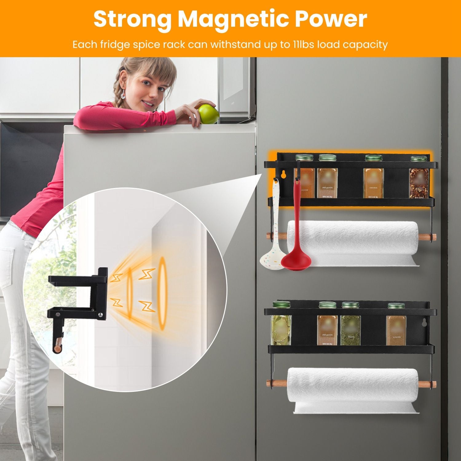 2Pcs Magnetic Spice Racks for Refrigerator With Paper Towel Holder Hooks Kitchen Space-Saving Foldable Fridge Magnet Organizer For Oven Microwave Washing Machine Cabinet