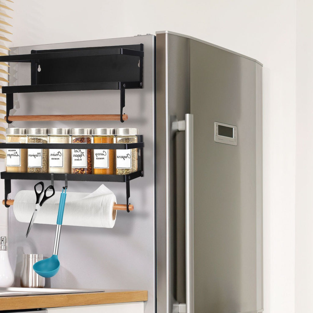 2Pcs Magnetic Spice Racks for Refrigerator With Paper Towel Holder Hooks Kitchen Space-Saving Foldable Fridge Magnet Organizer For Oven Microwave Washing Machine Cabinet