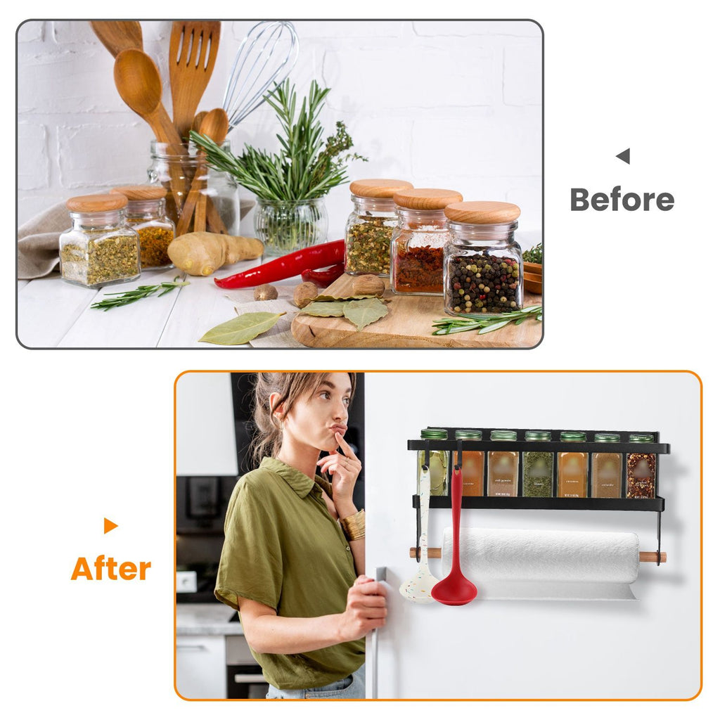 2Pcs Magnetic Spice Racks for Refrigerator With Paper Towel Holder Hooks Kitchen Space-Saving Foldable Fridge Magnet Organizer For Oven Microwave Washing Machine Cabinet