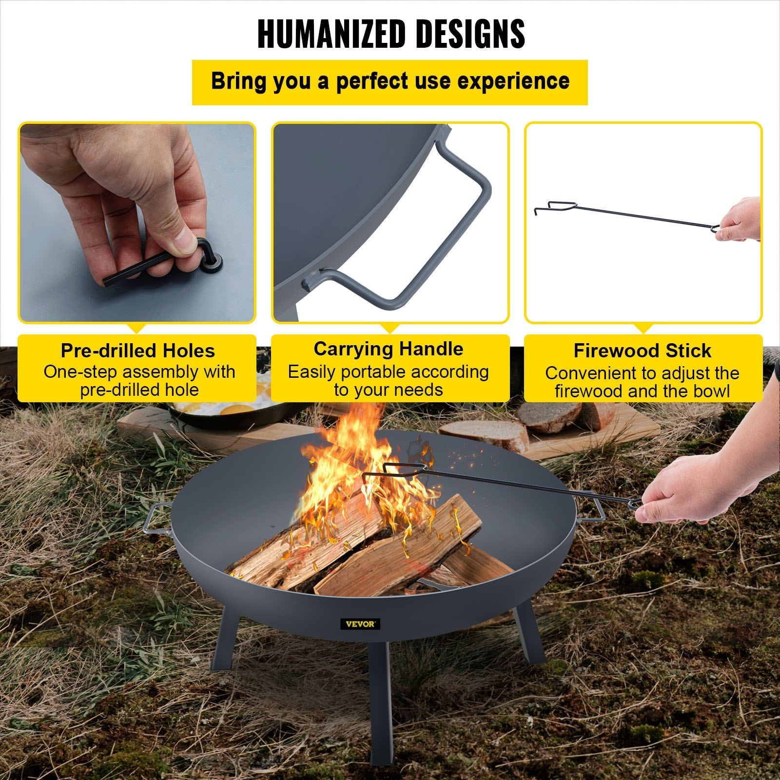 Fire Pit Bowl, 34-Inch Diameter Round Carbon Steel Fire Bowl, Wood Burning for Outdoor Patios, Backyards & Camping Uses, with A Drain Hole, Portable Handles and A Firewood Stick, Black