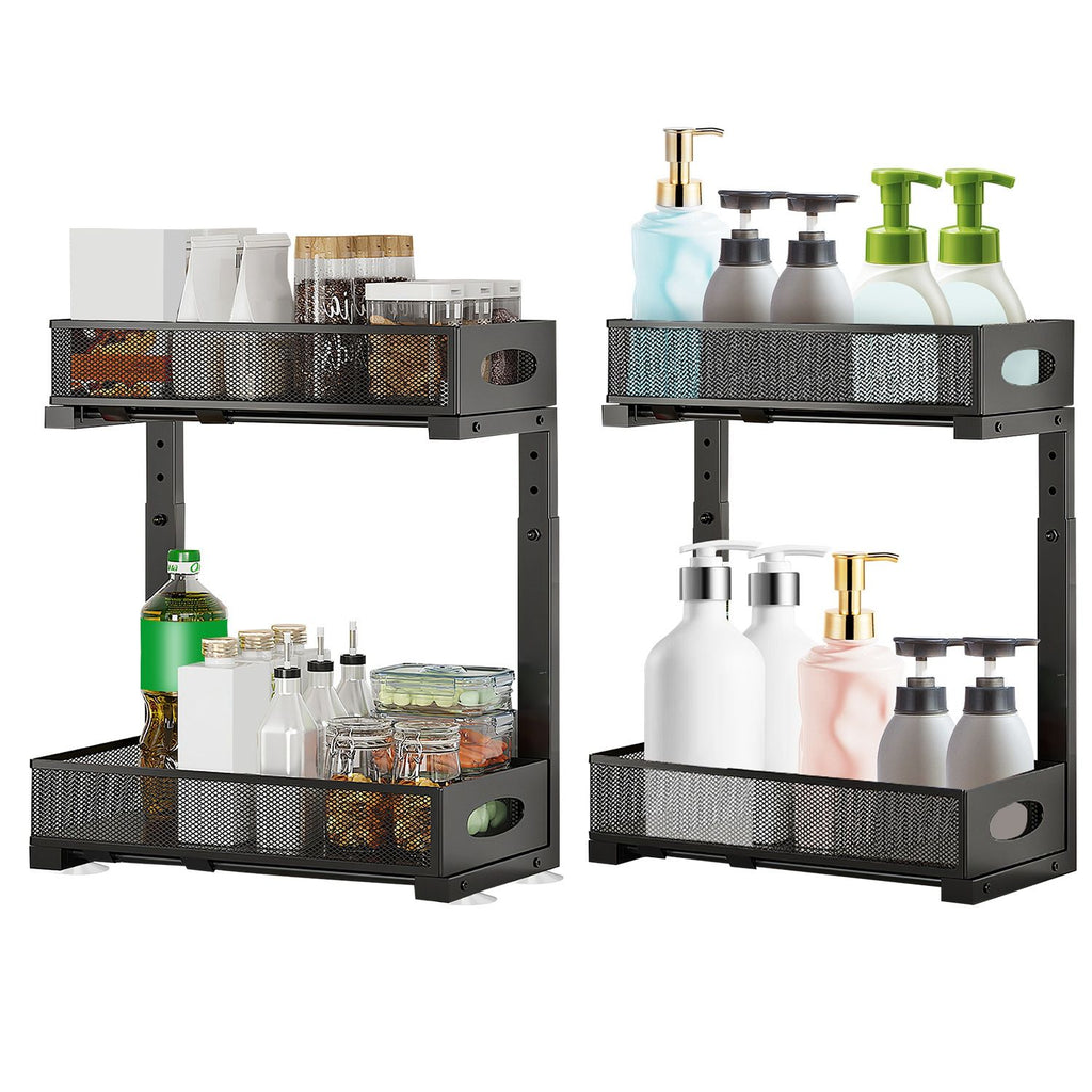 2Pcs Under Sink Organizer 2 Tier Pull Out Cabinet Baskets Storage Shelf Sliding Storage Drawers Rack with 5 Adjustable Height Mesh Baskets for Home Kitchen Bathroom Office