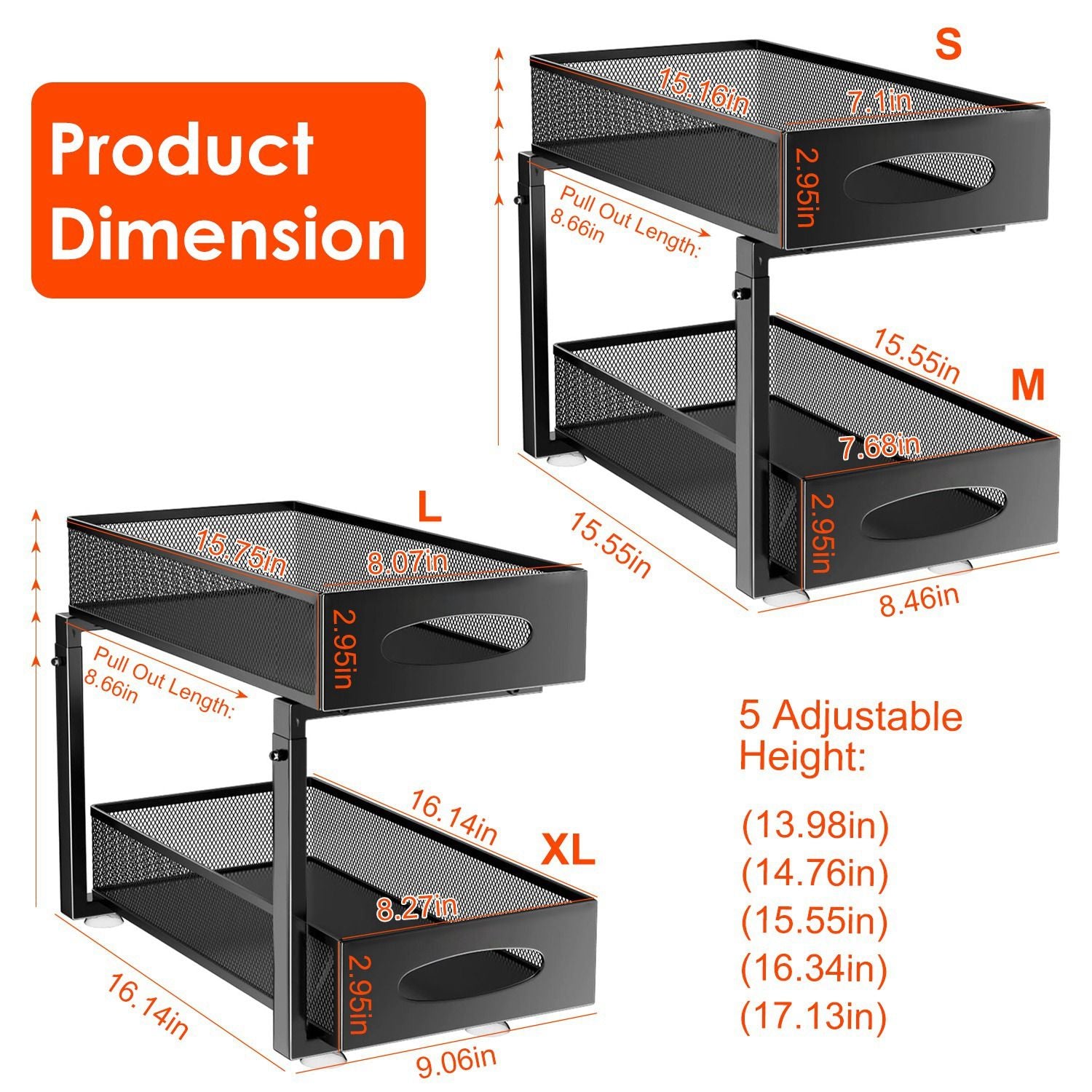 2Pcs Under Sink Organizer 2 Tier Pull Out Cabinet Baskets Storage Shelf Sliding Storage Drawers Rack with 5 Adjustable Height Mesh Baskets for Home Kitchen Bathroom Office