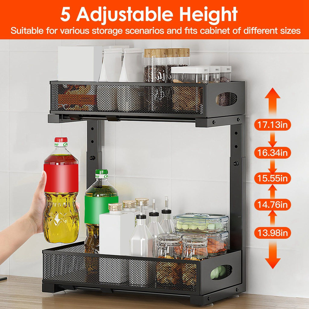 2Pcs Under Sink Organizer 2 Tier Pull Out Cabinet Baskets Storage Shelf Sliding Storage Drawers Rack with 5 Adjustable Height Mesh Baskets for Home Kitchen Bathroom Office