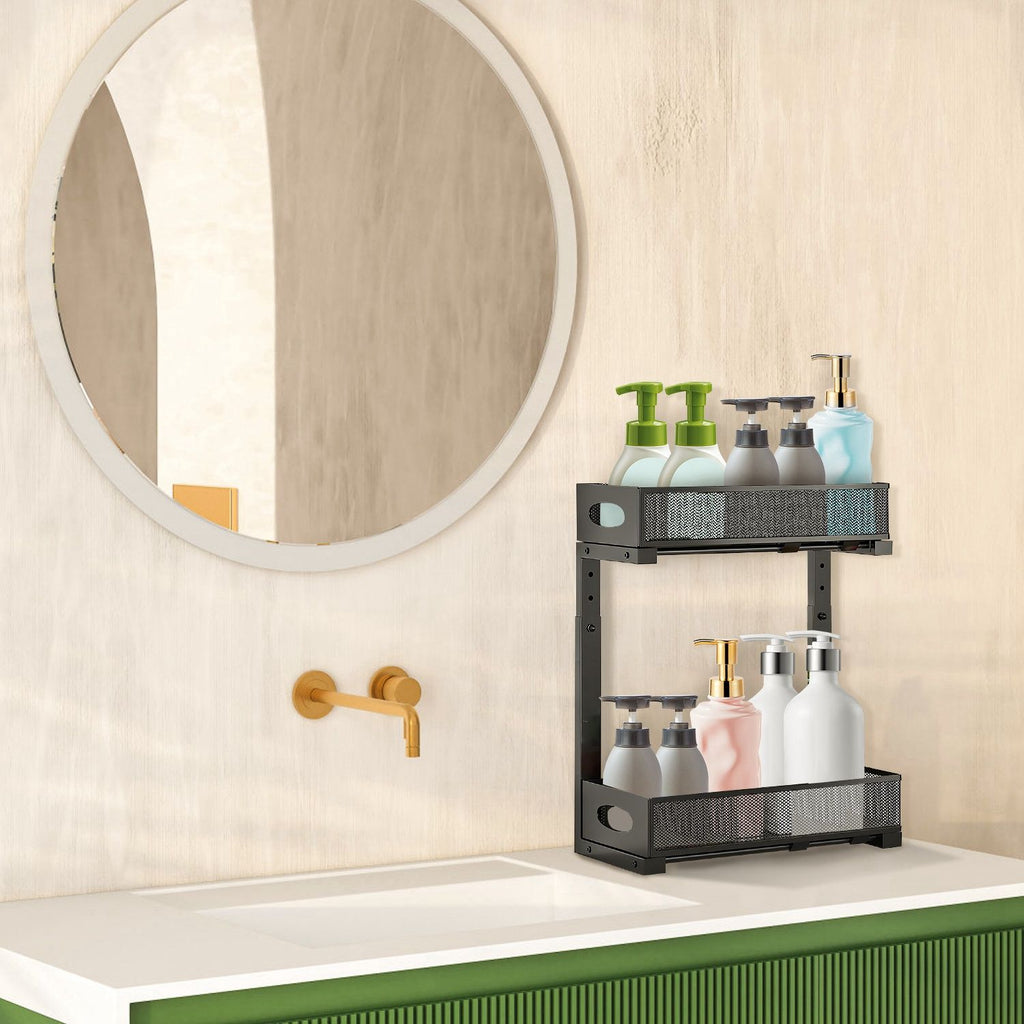 2Pcs Under Sink Organizer 2 Tier Pull Out Cabinet Baskets Storage Shelf Sliding Storage Drawers Rack with 5 Adjustable Height Mesh Baskets for Home Kitchen Bathroom Office
