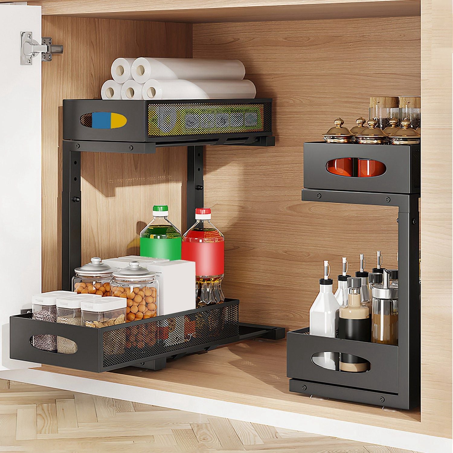 2Pcs Under Sink Organizer 2 Tier Pull Out Cabinet Baskets Storage Shelf Sliding Storage Drawers Rack with 5 Adjustable Height Mesh Baskets for Home Kitchen Bathroom Office