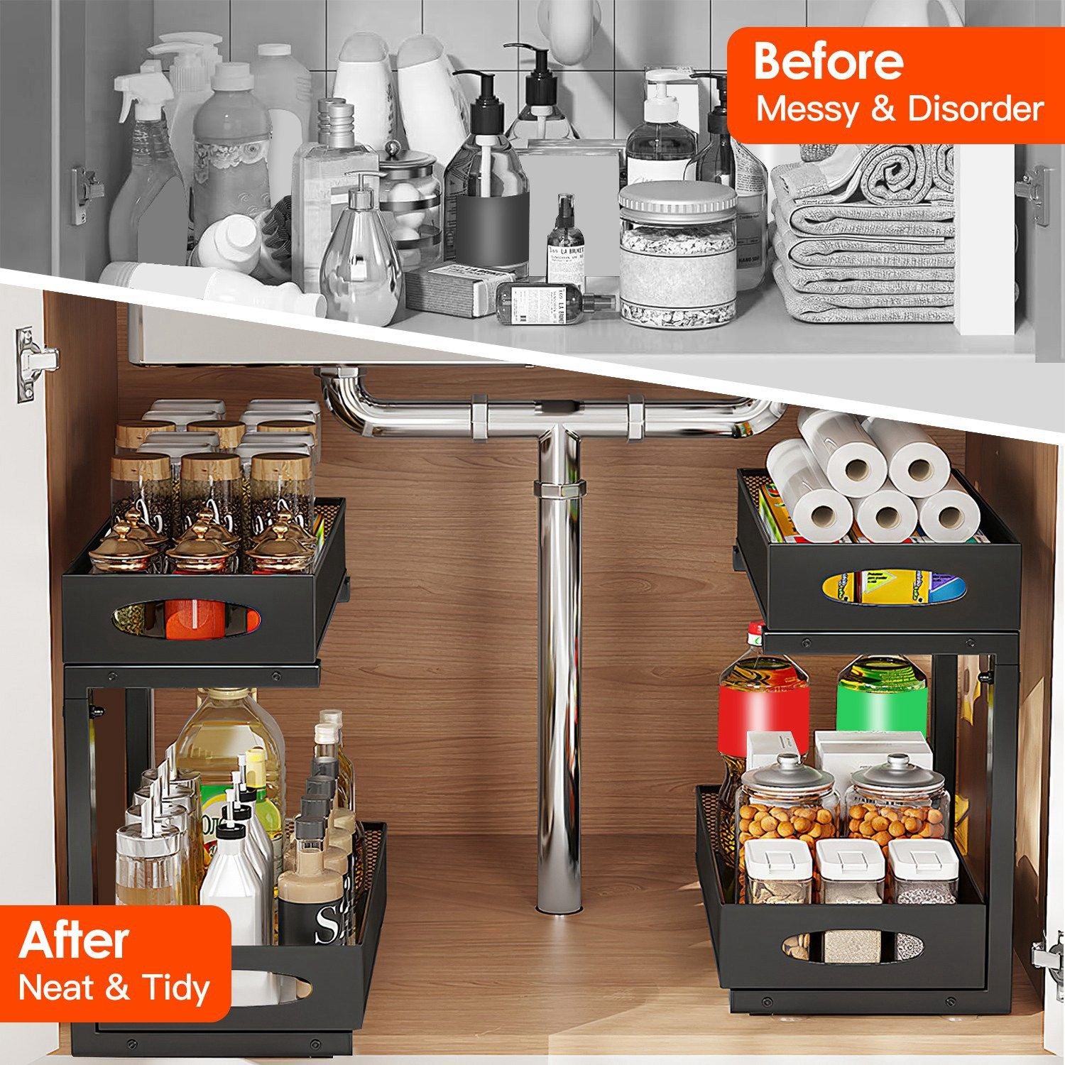 2Pcs Under Sink Organizer 2 Tier Pull Out Cabinet Baskets Storage Shelf Sliding Storage Drawers Rack with 5 Adjustable Height Mesh Baskets for Home Kitchen Bathroom Office