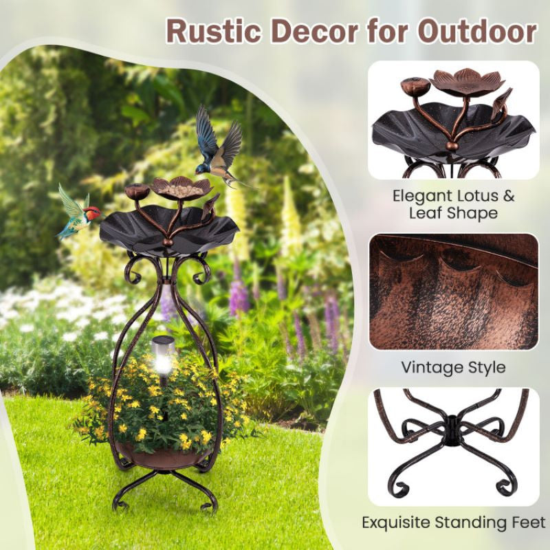 Outdoor Bird Bath Feeder with Flower Planter Pedestal and Solar Lights