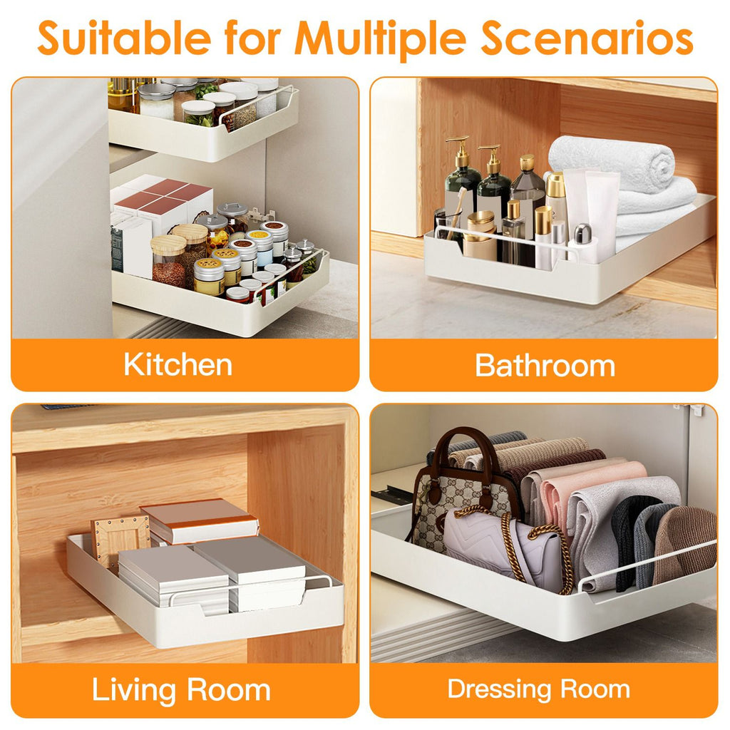 Pull Out Cabinet Organizer Stick On Drawer Carbon Steel Pull Out Shelf Slide Out Pantry Organizer for Kitchen Bathroom Living Room 11.93"Wx16.61"Dx2.24"H