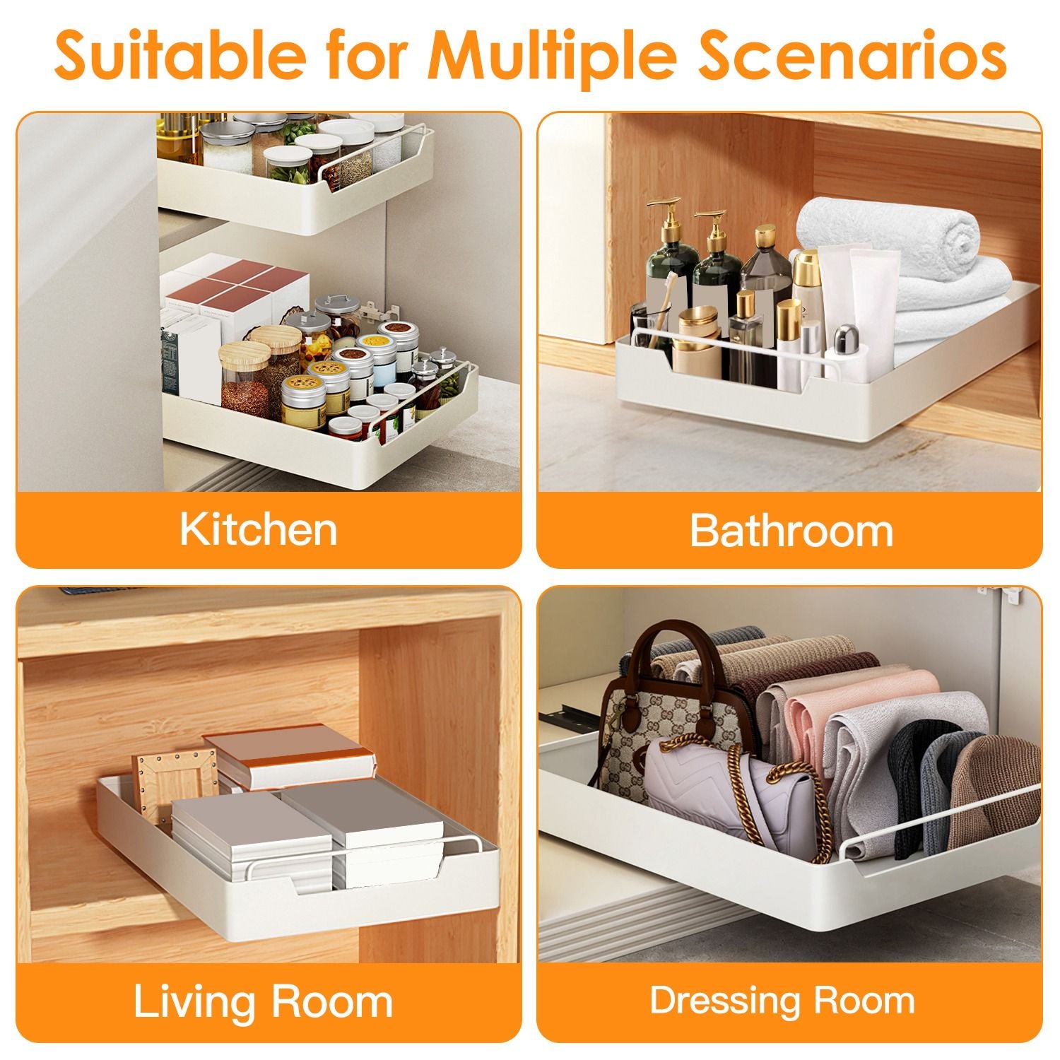 Pull Out Cabinet Organizer Stick On Drawer Carbon Steel Pull Out Shelf Slide Out Pantry Organizer for Kitchen Bathroom Living Room 11.93"Wx16.61"Dx2.24"H