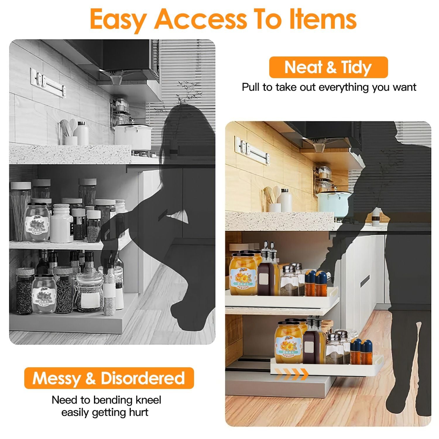 Pull Out Cabinet Organizer Stick On Drawer Carbon Steel Pull Out Shelf Slide Out Pantry Organizer for Kitchen Bathroom Living Room 11.93"Wx16.61"Dx2.24"H