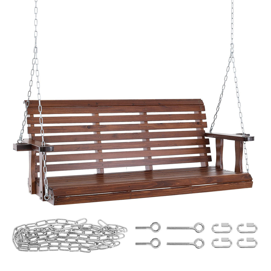 Wooden Porch Swing 5.5 ft, Patio bench swing for Courtyard & Garden, Upgraded 880 lbs Strong Load Capacity, Heavy Duty Swing Chair Bench with Hanging Chains for Outdoors, Brown