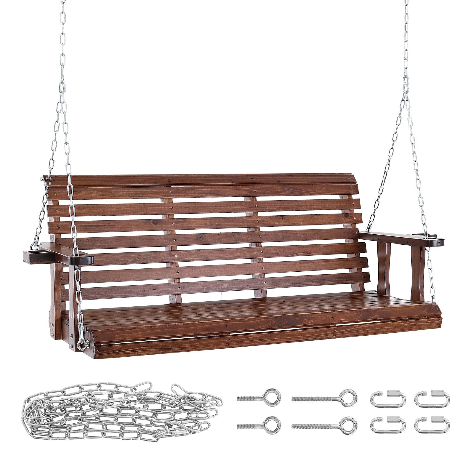 Wooden Porch Swing 5.5 ft, Patio bench swing for Courtyard & Garden, Upgraded 880 lbs Strong Load Capacity, Heavy Duty Swing Chair Bench with Hanging Chains for Outdoors, Brown
