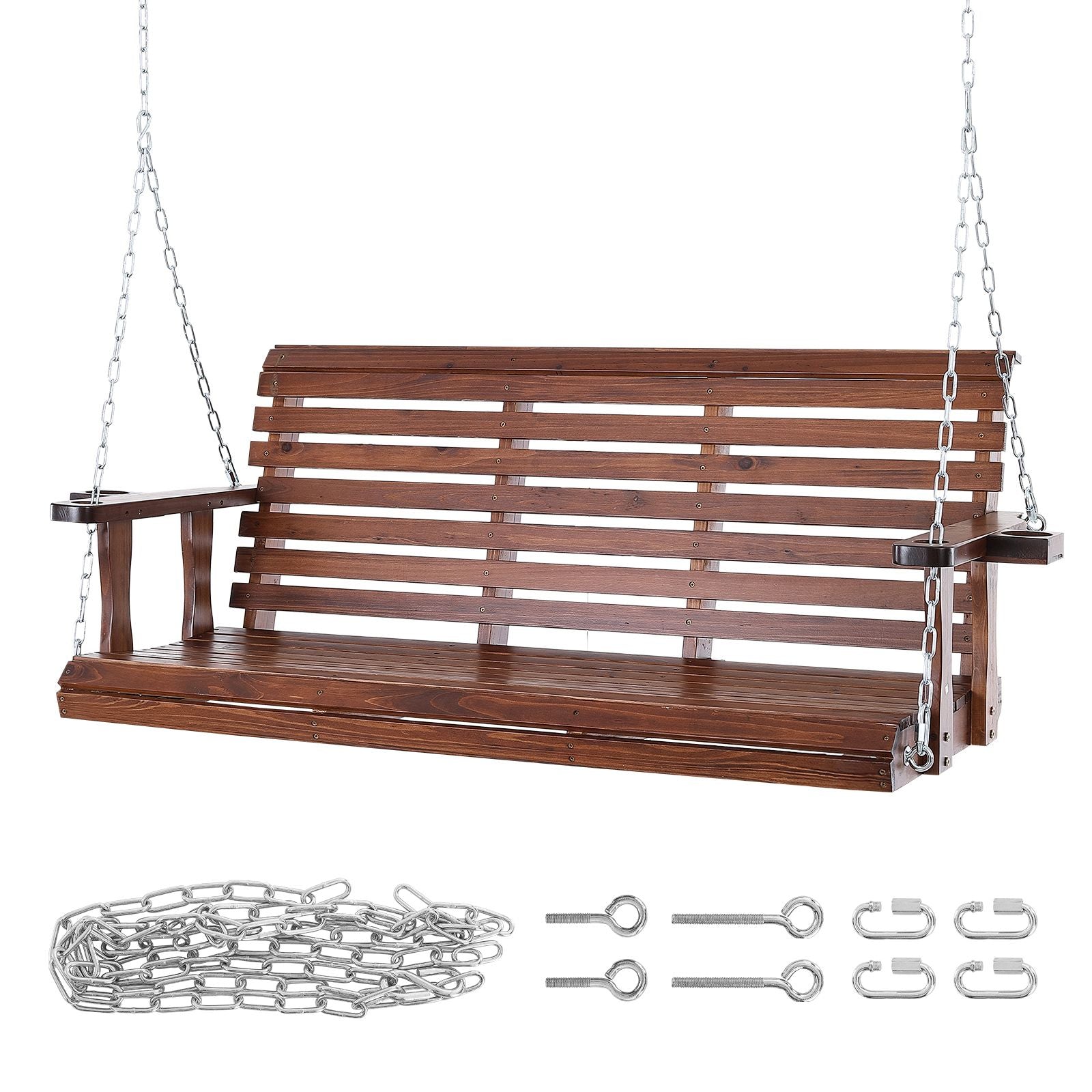 Wooden Porch Swing 5.5 ft, Patio bench swing for Courtyard & Garden, Upgraded 880 lbs Strong Load Capacity, Heavy Duty Swing Chair Bench with Hanging Chains for Outdoors, Brown