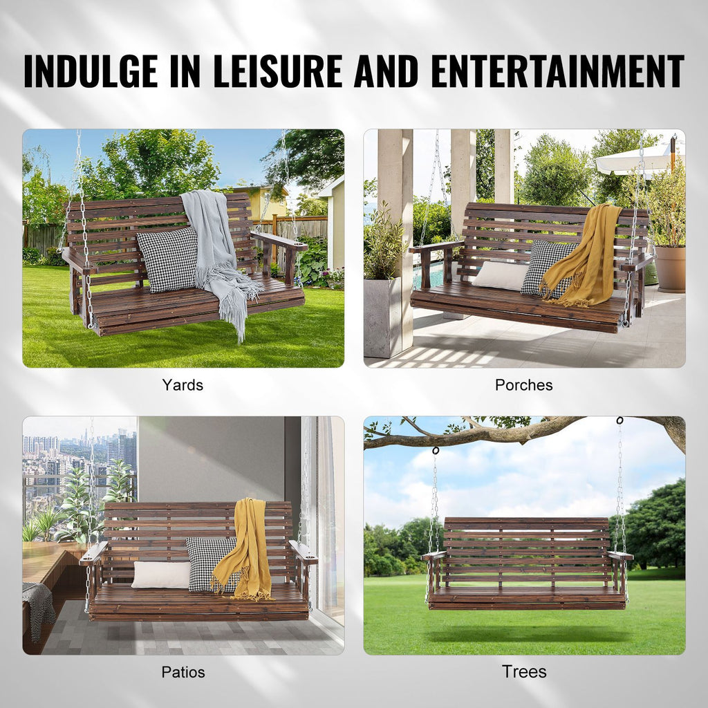 Wooden Porch Swing 4.5 ft, Patio bench swing for Courtyard & Garden, Upgraded 880 lbs Strong Load Capacity, Heavy Duty Swing Chair Bench with Hanging Chains for Outdoors, Carbonized Brown