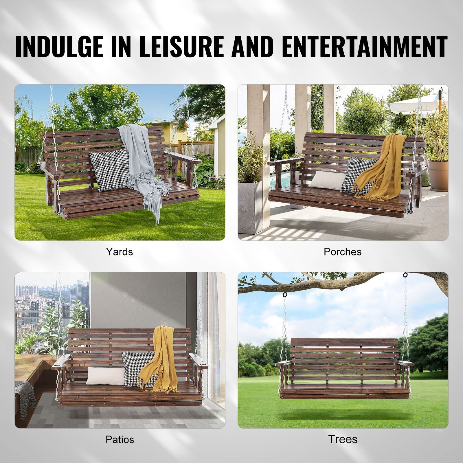 Wooden Porch Swing 4.5 ft, Patio bench swing for Courtyard & Garden, Upgraded 880 lbs Strong Load Capacity, Heavy Duty Swing Chair Bench with Hanging Chains for Outdoors, Carbonized Brown