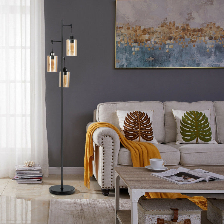 Retro Floor Lamp with 3-Head Hanging Amber Glass Shade