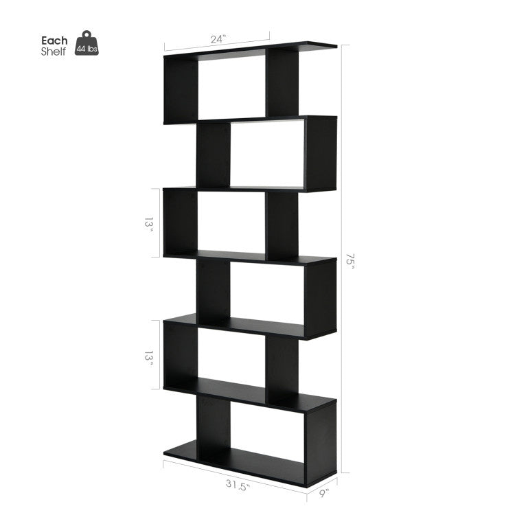 6 Tier S-Shaped Bookshelf Storage Display Bookcase Decor Z-Shelf
