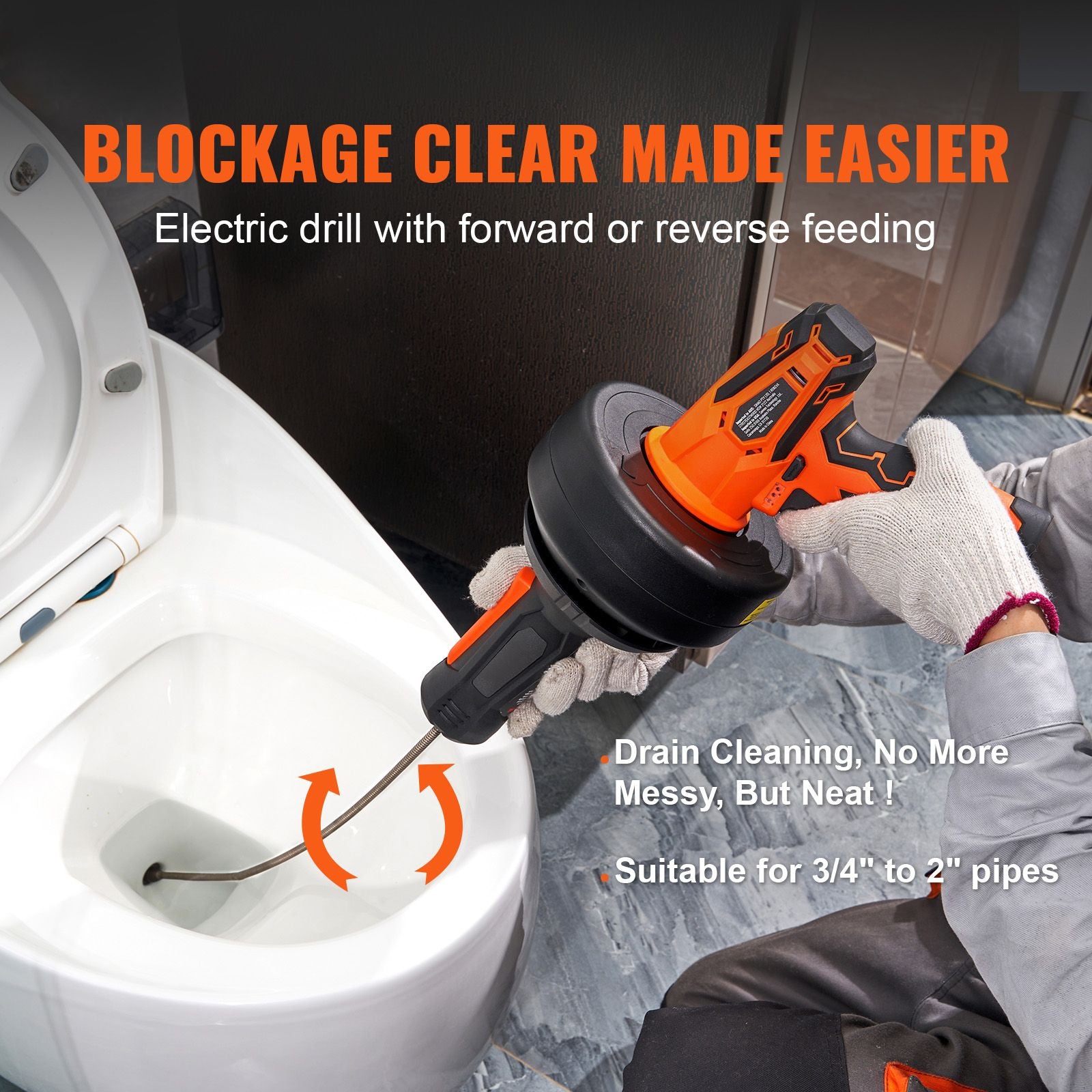 12V Electric Drain Auger, 25FT Cordless Plumbing Snake Auto Feed, Pipeline Snake Drain Clog Remover with Power Drill for 3/4"-2" Pipes, 2.0Ah Battery and Charger Included