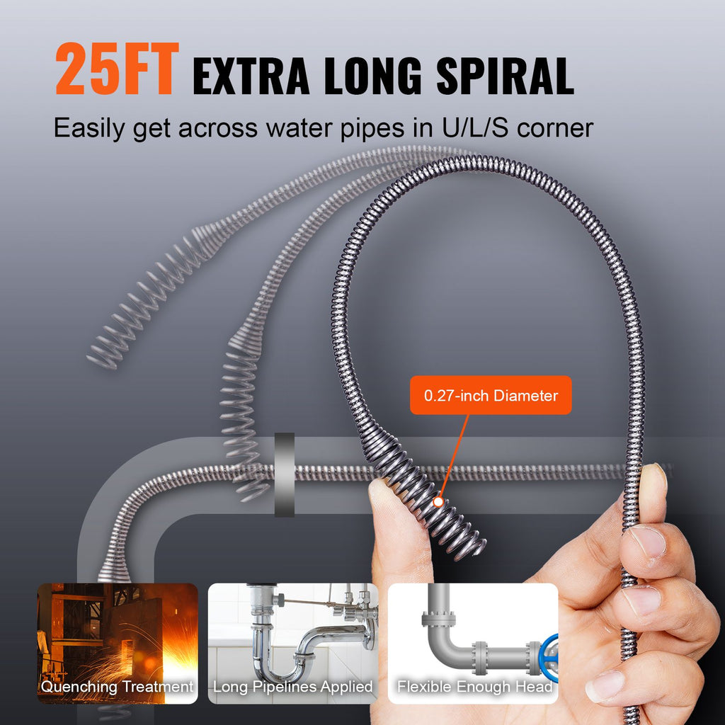 12V Electric Drain Auger, 25FT Cordless Plumbing Snake Auto Feed, Pipeline Snake Drain Clog Remover with Power Drill for 3/4"-2" Pipes, 2.0Ah Battery and Charger Included
