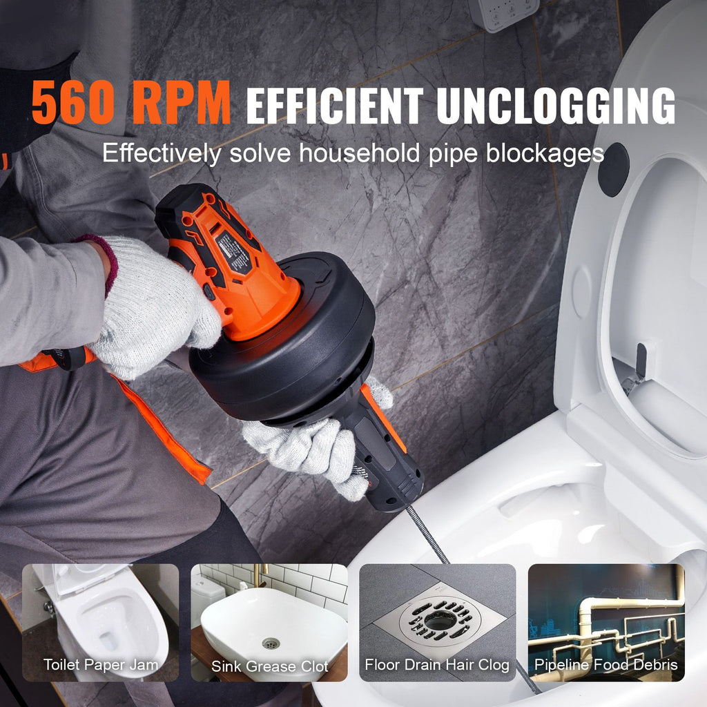 12V Electric Drain Auger, 25FT Cordless Plumbing Snake Auto Feed, Pipeline Snake Drain Clog Remover with Power Drill for 3/4"-2" Pipes, 2.0Ah Battery and Charger Included