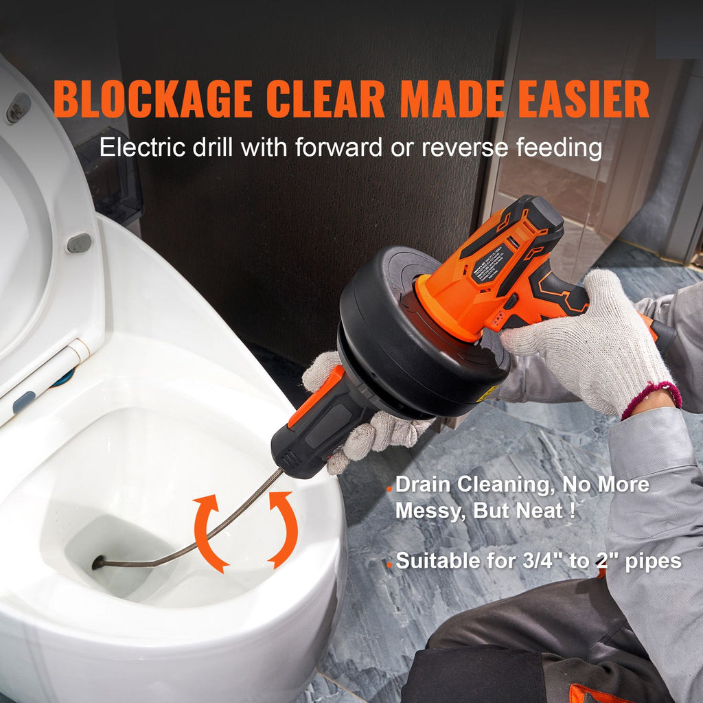 12V Electric Drain Auger, 25FT Cordless Plumbing Snake Auto Feed, Pipeline Snake Drain Clog Remover with Power Drill for 3/4"-2" Pipes, 2.0Ah Battery and Charger Included