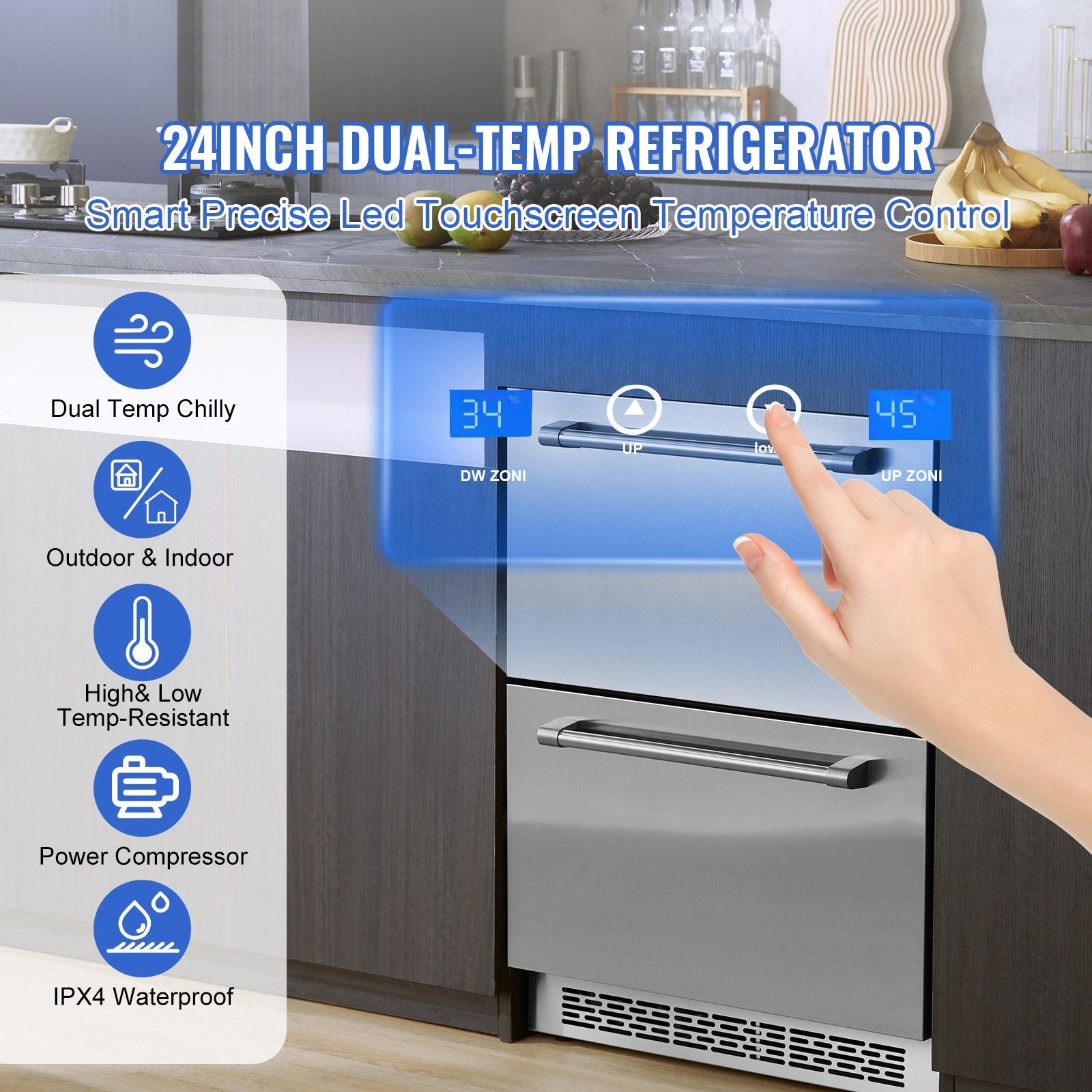 24" Undercounter Refrigerator, 2 Drawer Wine Refrigerator with Different Temperature, 4.87 Cu.ft. Capacity, Waterproof Indoor and Outdoor Under Counter Drawer Fridge for Home and Commercial Use