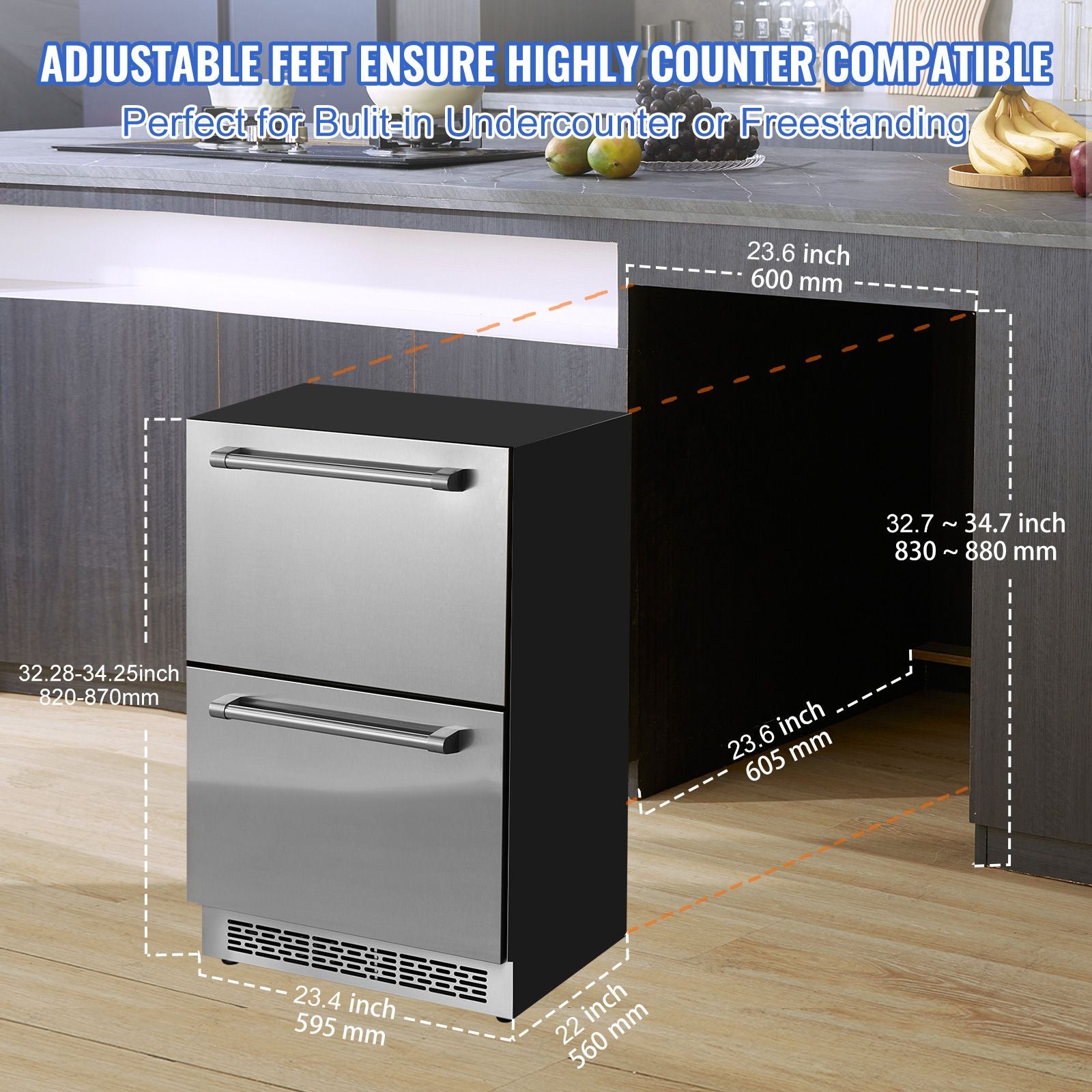 24" Undercounter Refrigerator, 2 Drawer Wine Refrigerator with Different Temperature, 4.87 Cu.ft. Capacity, Waterproof Indoor and Outdoor Under Counter Drawer Fridge for Home and Commercial Use