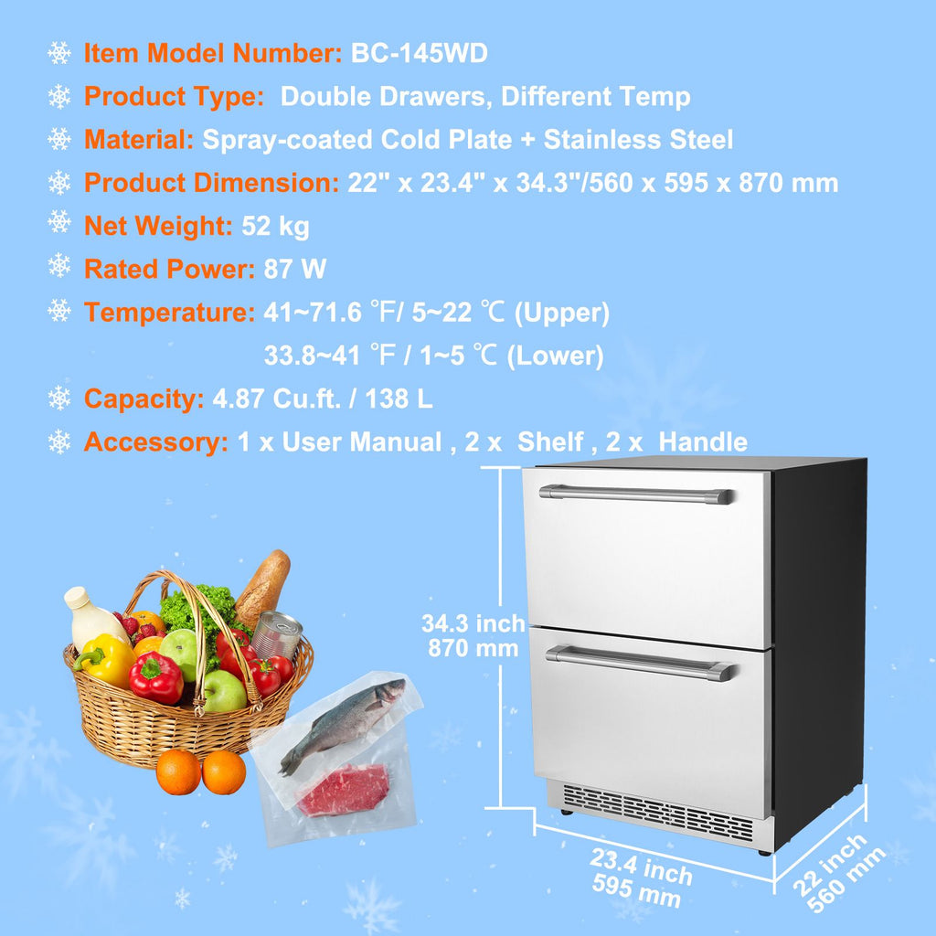 24" Undercounter Refrigerator, 2 Drawer Wine Refrigerator with Different Temperature, 4.87 Cu.ft. Capacity, Waterproof Indoor and Outdoor Under Counter Drawer Fridge for Home and Commercial Use