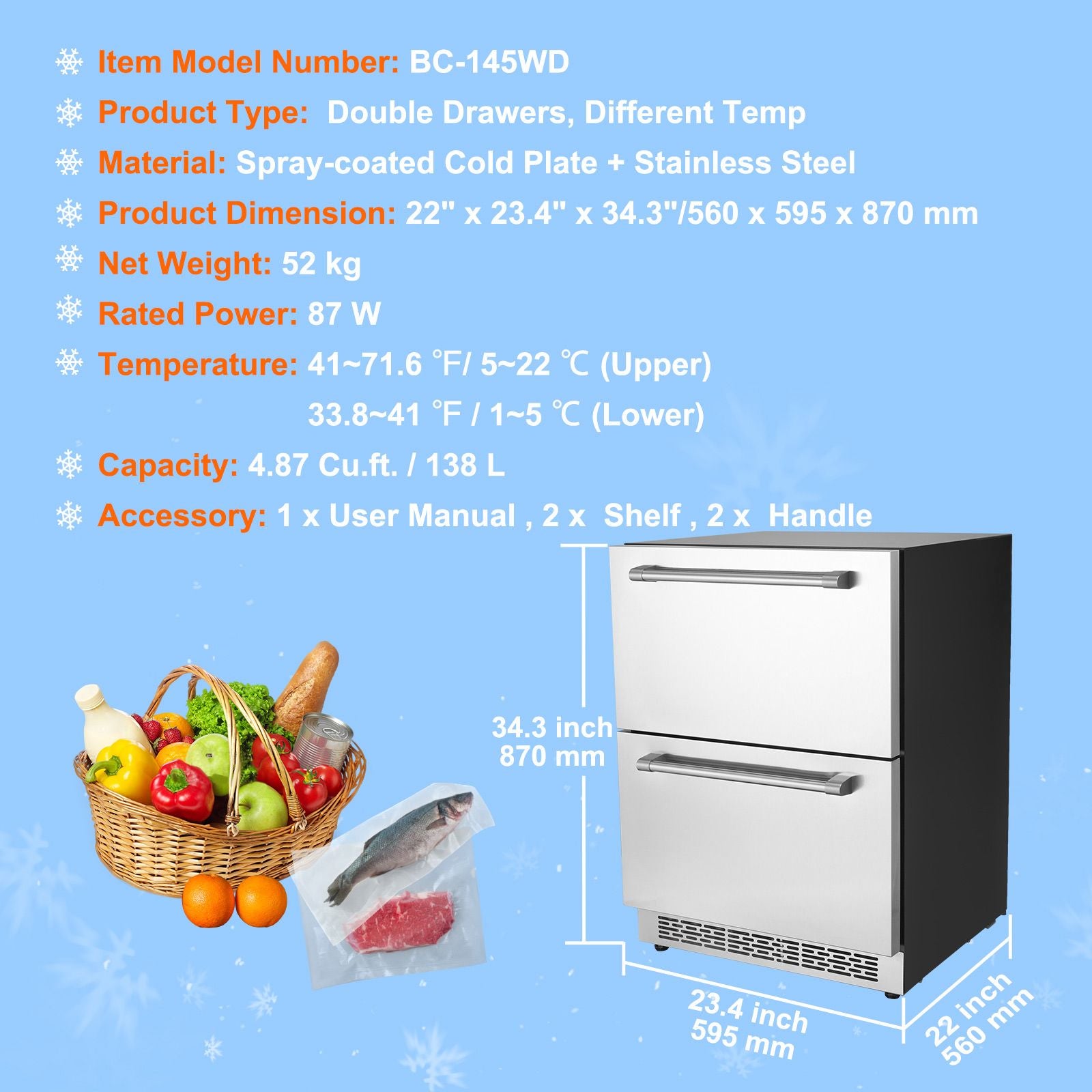 24" Undercounter Refrigerator, 2 Drawer Wine Refrigerator with Different Temperature, 4.87 Cu.ft. Capacity, Waterproof Indoor and Outdoor Under Counter Drawer Fridge for Home and Commercial Use