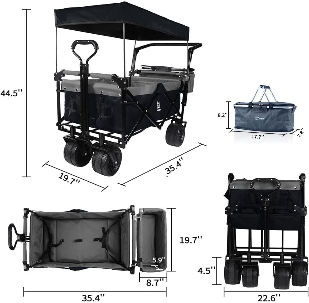 Collapsible Wagon Heavy Duty Folding Wagon Cart with Removable Canopy, 4" Wide Large All Terrain Wheels, Brake, Adjustable Handles,Cooler Bag Utility Carts for Outdoor Garden Beach